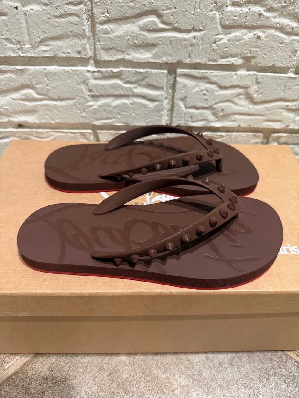 Christian Louboutin size 35 Women's Brown Studded Flip Flop Sandals